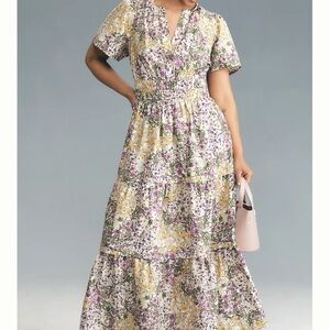 Anthropologie Purple and Yellow Floral Maxi Dress